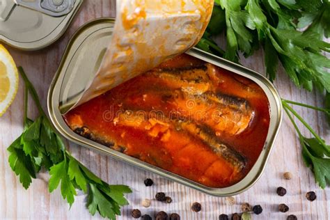 Pickled Sardines In Tomato Sauce In Open Tin Can Nobody Stock Image