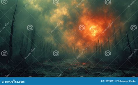 Apocalyptic Landscape With Fiery Sky And Dead Trees Stock Image Image