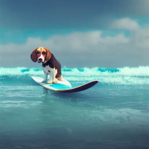 Beagle On A Surfboard Surfing Waves Of An Ocean Stable Diffusion