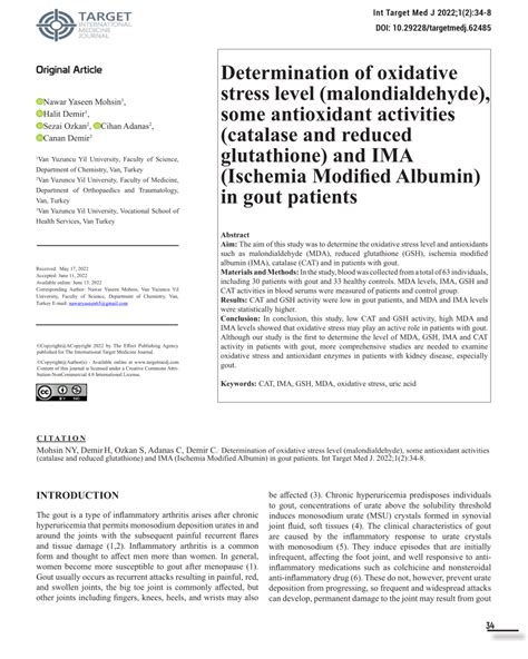 Pdf Determination Of Oxidative Stress Level Malondialdehyde Some