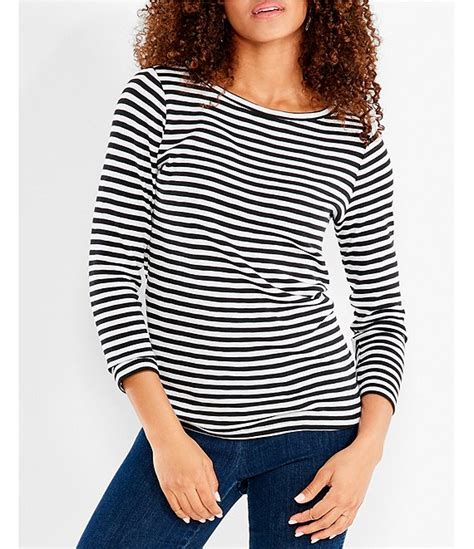 Nic Zoe Nzt Jersey Knit Striped Print Boat Neck 3 4 Sleeve Tee Shirt