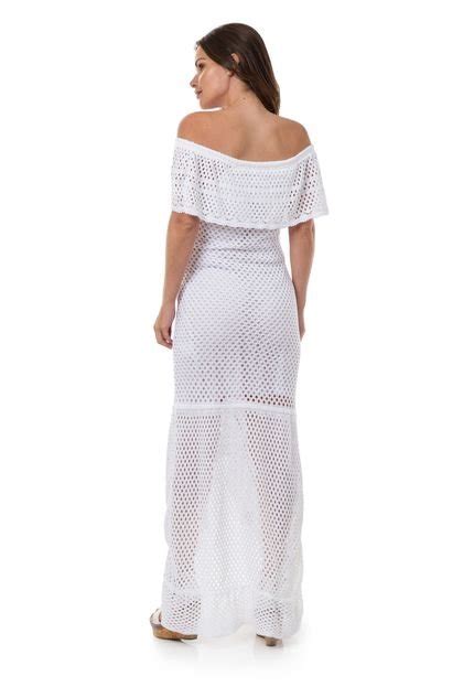 Vestido Pink Tricot Longo Ombro A Ombro Com Fenda Branco Compre Agora