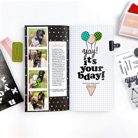 An Open Scrapbook With Photos And Stickers On The Pages Along With