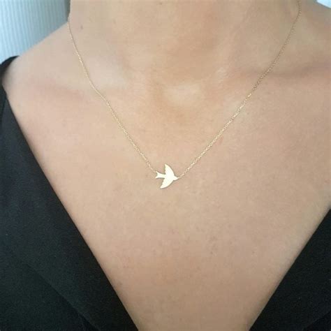 K Real Solid Gold Swan Pendant Necklace For Women