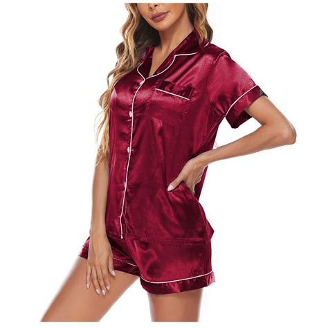 Yanhaigong Womens Satin Pajamas Set Button Down Piece Silk Pjs Shorts Set Ruffle Lingerie