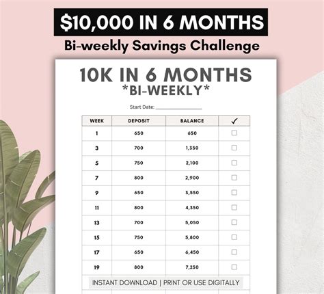 10k Bi Weekly Savings Challenge Save 10000 In 6 Months Biweekly Worksheet Money Saving Tracker