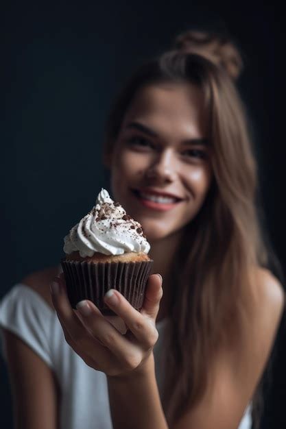 Premium Ai Image Shot Of A Young Woman Holding A Cupcake With Whipped