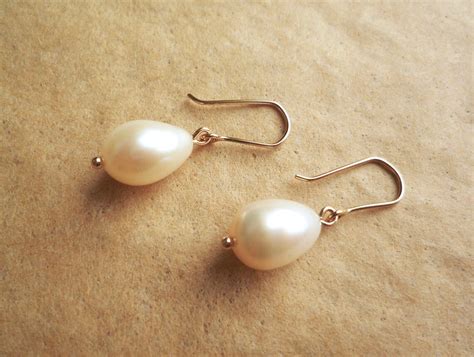 Pear Shaped Pearl Earrings Solid 14k Gold Wires White Etsy