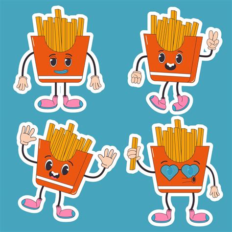 Cartoon Character Retro Sticker French Fries Food 70s In Trendy Groovy