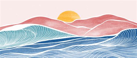 Ocean wave and mountain landscape illustrations. Creative minimalist ...