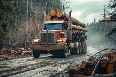 Premium Photo Logging Truck Loaded With Freshly Cut Logs On Their Way