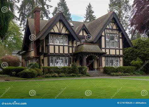 Full View Of The Stately Tudor House With Its Tall Windows And Wrap