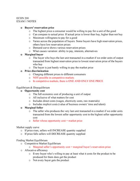 Econ Test Notes Econ Exam Notes O Buyers Reservation