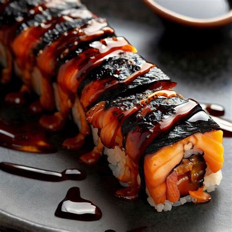 Premium AI Image Salmon Burned Maki With Teriyaki Sauce