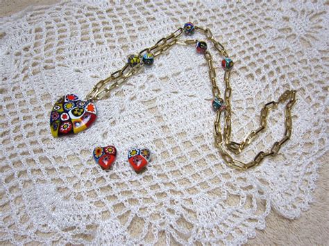 Vintage Murano Glass Millefiori Heart Pendant Necklac Gem