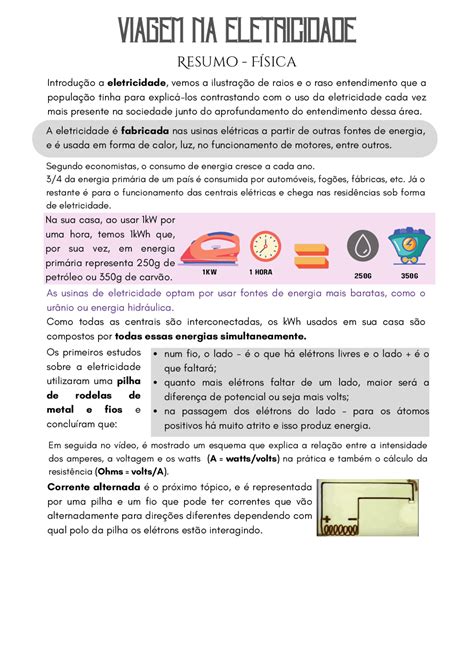 PRÉVIA DE VIAGEM NA ELETRICIDADE | Summaries Physics | Docsity