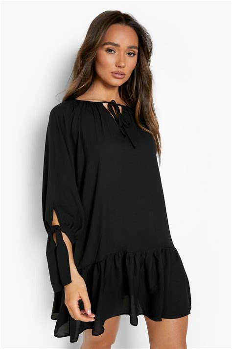 Drop Hem Tie Neck Smock Dress Boohoo