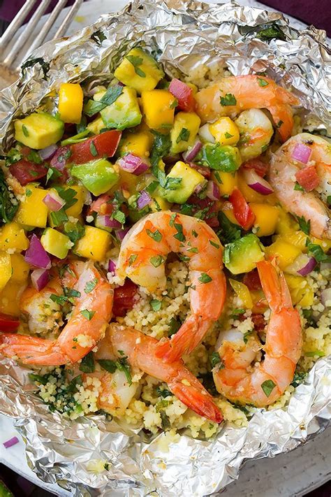 Shrimp And Couscous Foil Packets With Avocado Mango Salsa Cooking Classy