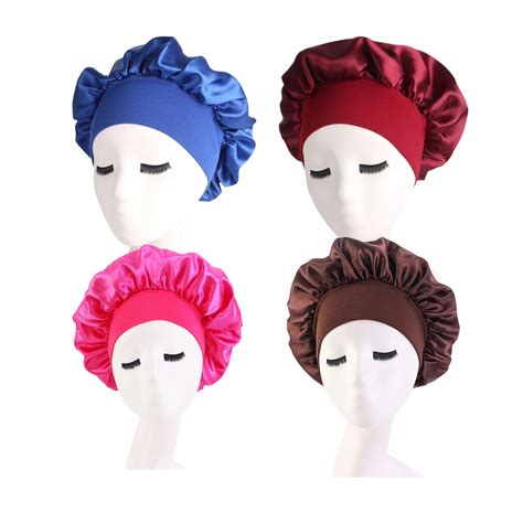 Satin Silk Bonnets For Curly Hair 4 Pcs Set Elastic Band Sleep Caps