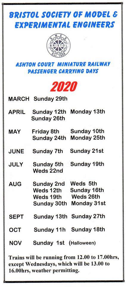 Ashton Court Miniature Railway 2020 Provision Dates