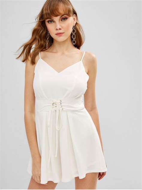 [24 Off] 2021 Zaful Wide Leg Lace Up Cami Romper In White Zaful