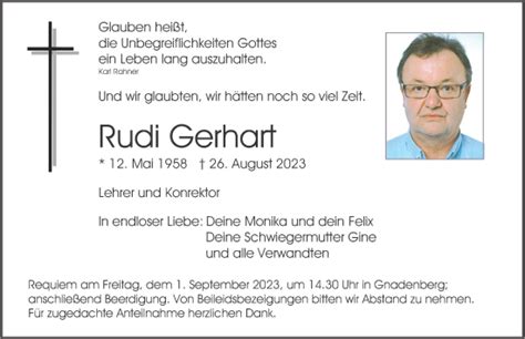 Traueranzeigen Von Rudi Gerhart Trauer Nn De