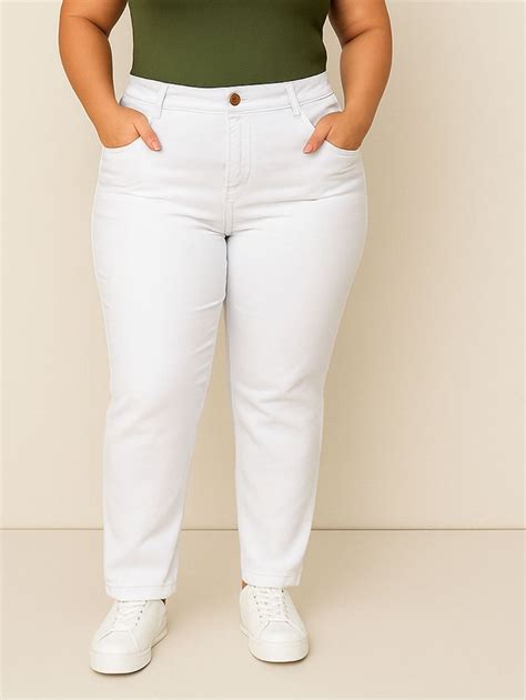 Calça Branca Plus Size - Calça Jeans Feminina Plus Size Branca Cintura Alta Levanta bumbum com ...