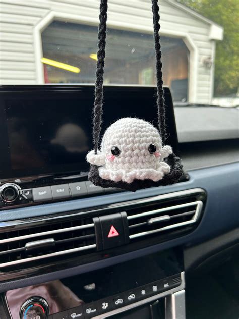 Crocheted Ghost On A Swing Halloween Decor Rear View Mirror Hanging