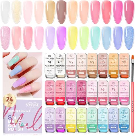 Saviland Solid Cream Gel Polish Palette 24 Colors Jelly Gel Nail Polish With Nail Art Brush Set