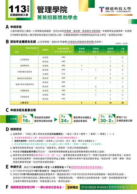 【獎助學金】本校113學年度日間部四技入學〈管理學院〉菁英招募獎助學金 樹德科大 公共事務處