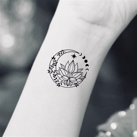 Lotus Crescent Moon Phases Temporary Tattoo Wildflower Vine Etsy