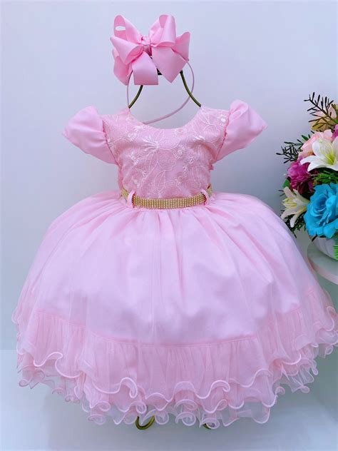 Vestido Infantil Rosa Renda Princesa Babados Cinto Strass Rosa