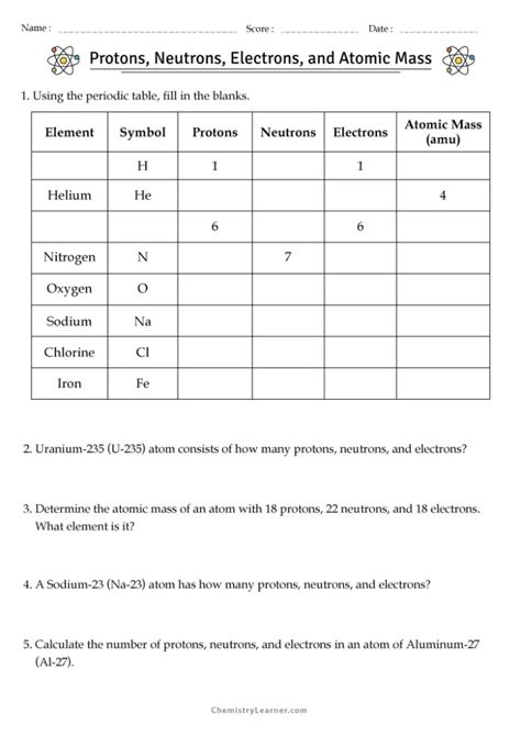 Free Printable Protons Neutrons And Electrons Practice Worksheets