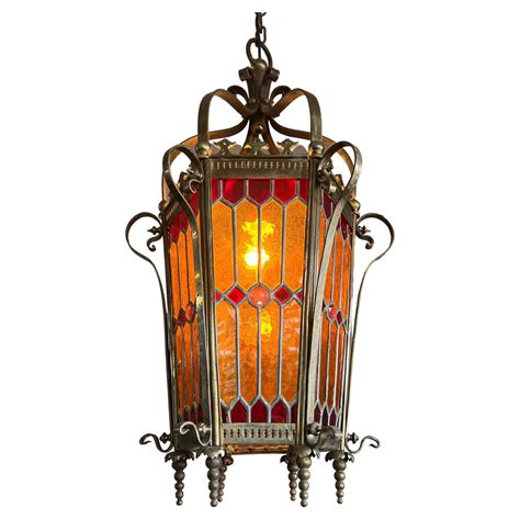 Antique And Large Stained Glass And Solid Oak Victorian Style Hall Lantern Pendant For Sale At