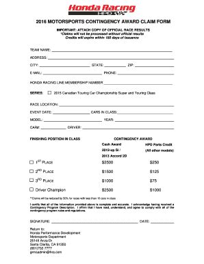 Fillable Online Motorsports Contingency Award Claim Form Important