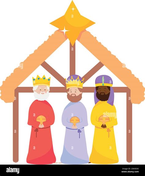 Nativity Scene With Three Wise Men Over White Background Flat Style Vector Illustration Stock