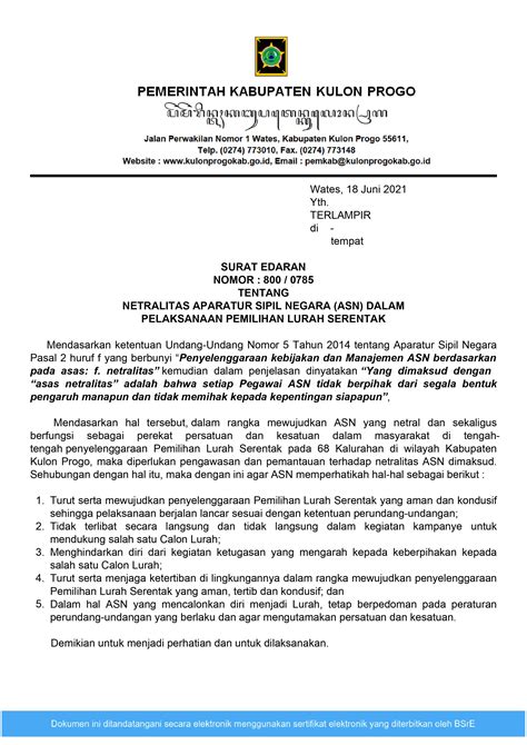 BKPP Surat Edaran Netralitas ASN Dalam Pelaksanaan Pemilihan Lurah