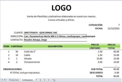Cotizaci N Archivo Excel