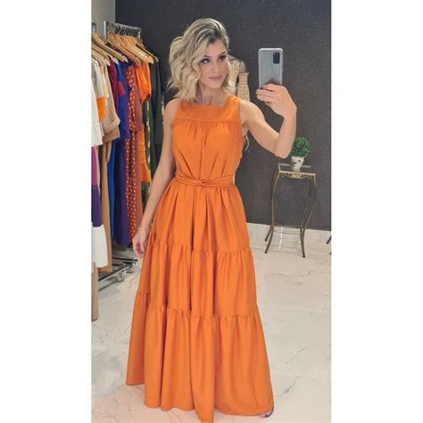 Vestido Longo Laranja Três Marias Faixa Tam M Shopee Brasil