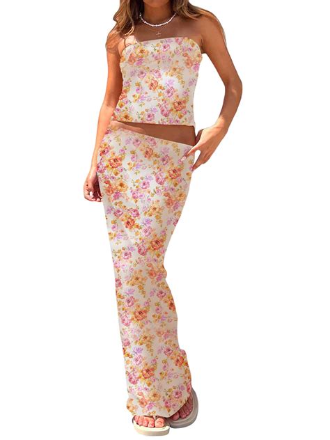 Mubineo Women Summer Outfits Colorful Floral Sleeveless Bandeau Tops And Casual Elastic Long