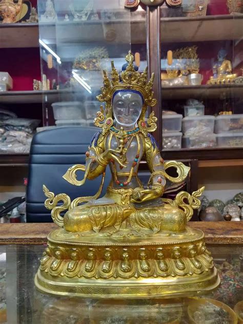 Chinese Temple Copper 24K Gilt Inlay Crystal Vajrasattva Kwan Yin