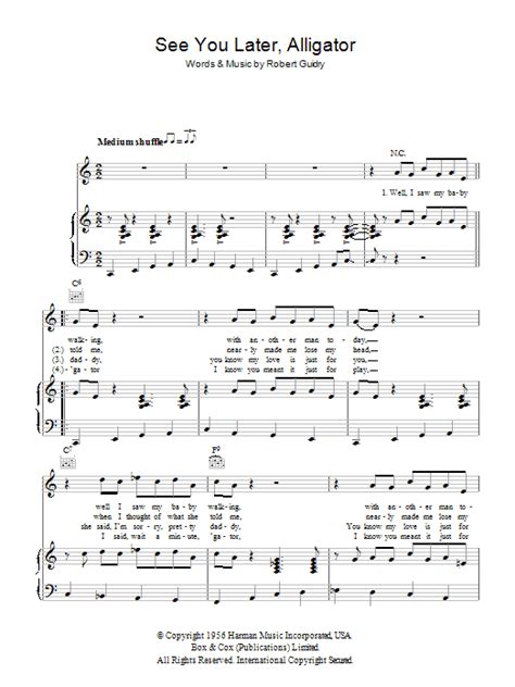 See You Later Alligator By Bill Haley Sheet Music For Piano Vocal And Guitar Chords At Sheet