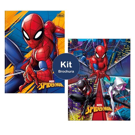 Kit Un Caderno Brochura Grande Fls Capa Dura Spider Man Marvel Homem