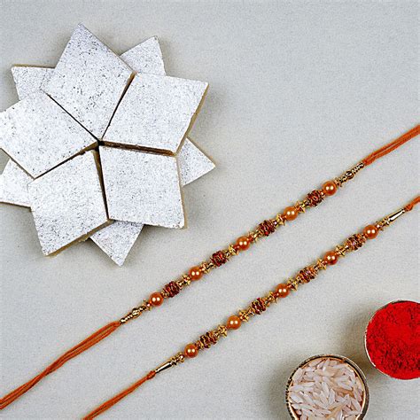 Golden Red Thread Rakhi And Kaju Katli Box Singapore Gift Golden Red