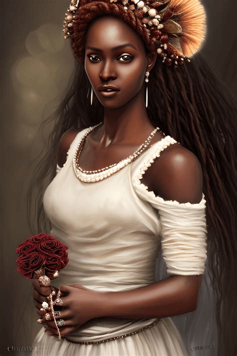 Highly Realistic Brown Skin African Bride With White Rose Bouquet