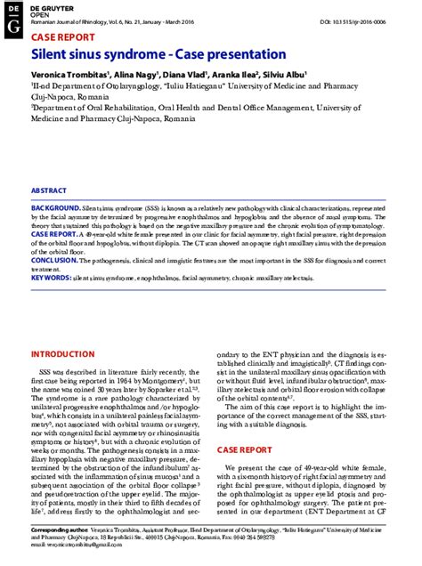 Pdf Silent Sinus Syndrome Case Presentation Silviu Albu