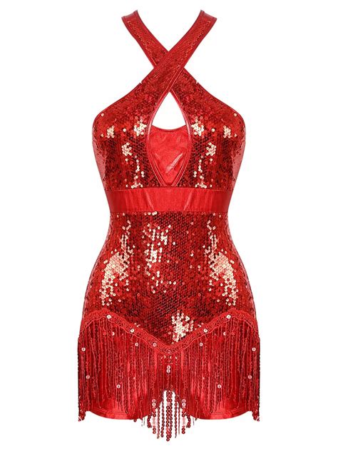 Women Sequins Tassel Latin Dance Leotard