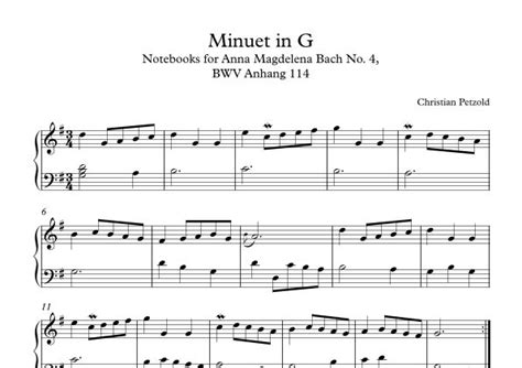 Minuet In G Major Sheet Music Notebook For Anna Magdalena Bwv Anh 114 By J S Bach Easy Piano