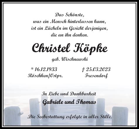 Traueranzeigen von Christel Köpke trauer anzeigen de