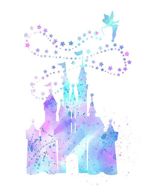 Disney Castle And Tinker Bell Blue Watercolor Greeting Card By Mihaela